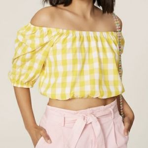 Color Me Courtney Puffy Sleeves Crop yellow white plaid Checkered rush blouse S